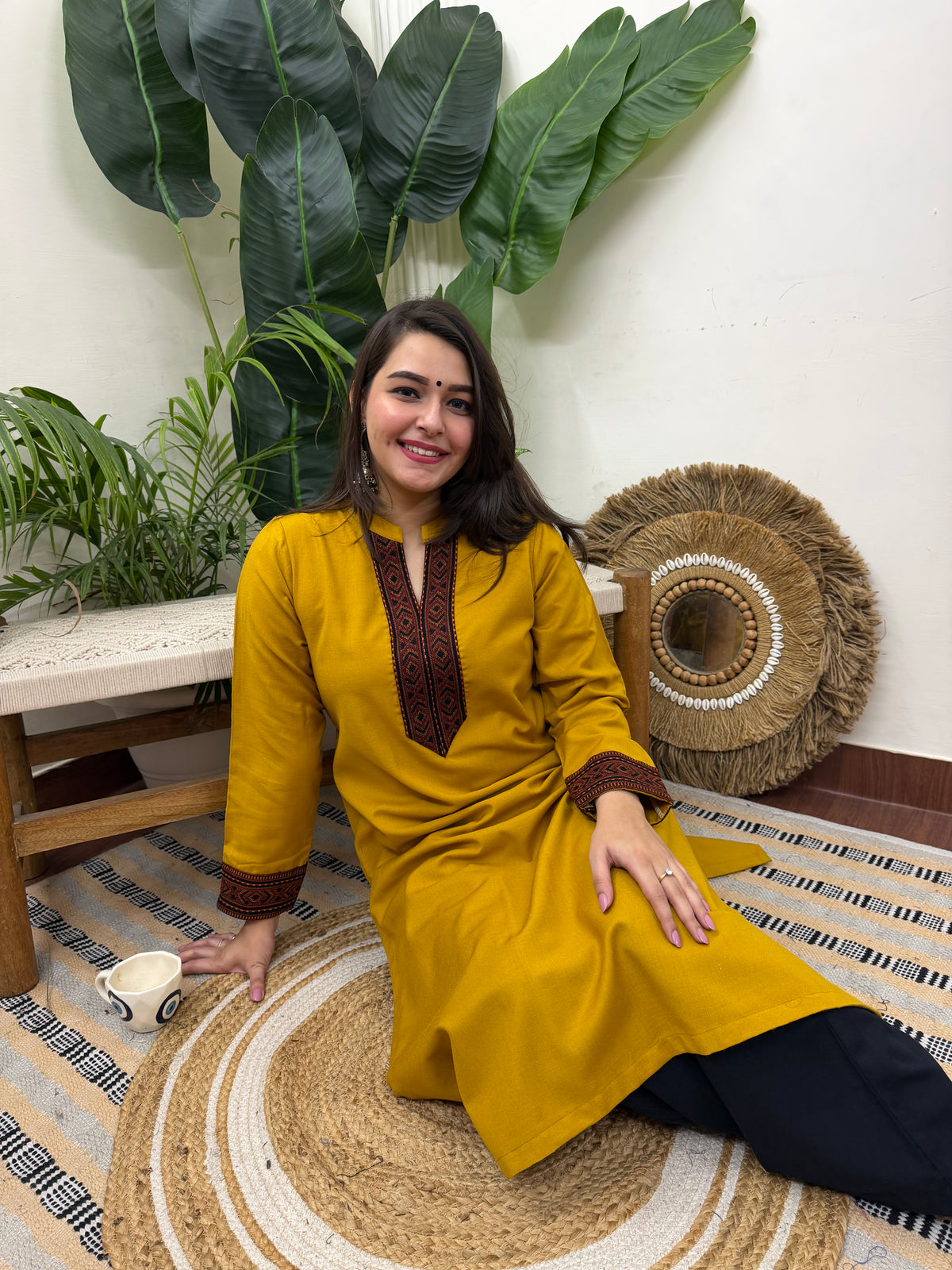 Mustard solid woollen kurta with border