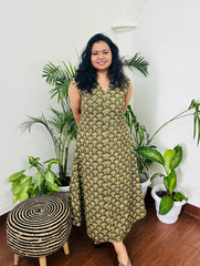 Mehendi green Handblock dress with pocket - MYSANSKRITAM