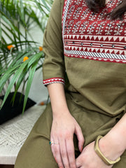 Mehendi embroidered yoke Long kurta - MYSANSKRITAM