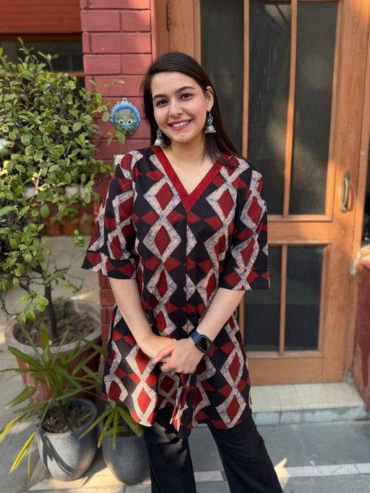 Rang Mahal Diamond V-neck Top by Sanksritam