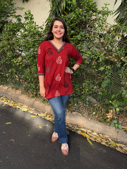 Red V-neck Handblock Leaf Short Kurti