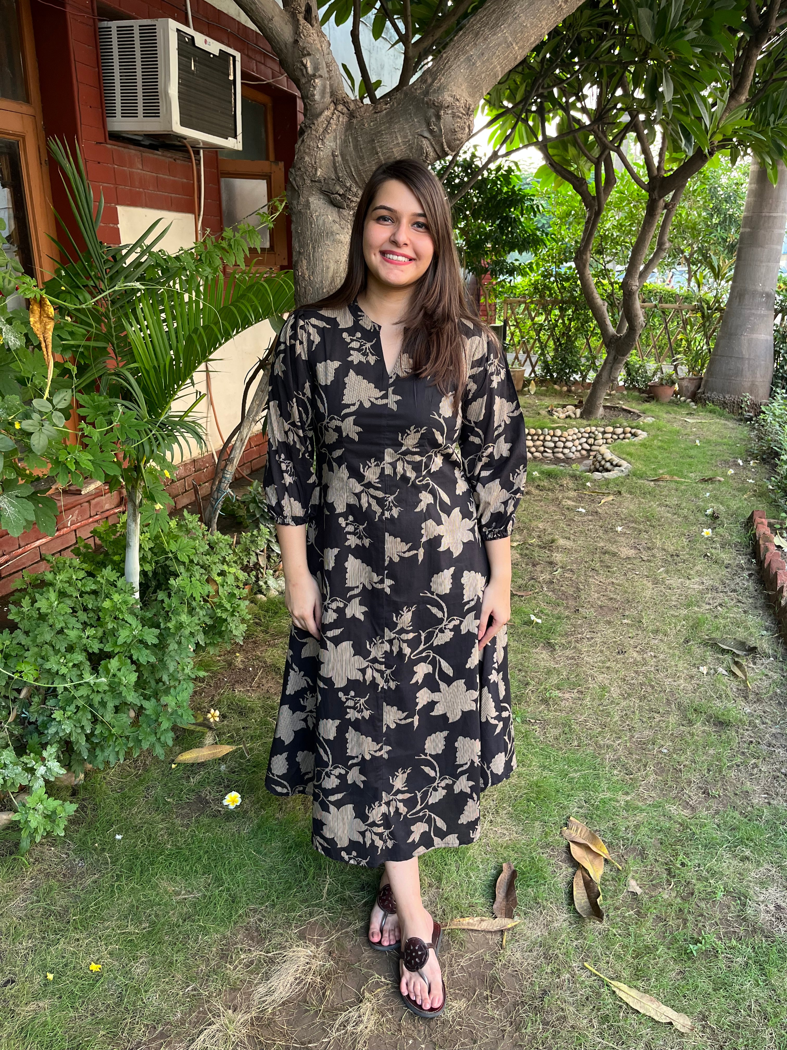 Black Floral dress with pockets - MYSANSKRITAM