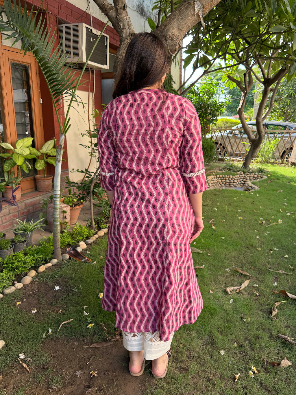 Onion Pink Ikkat A-line Kurta with Pocket  from the back by MySanskritam