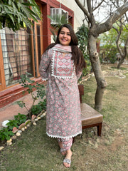 Grey floral Handblock printed full suit set