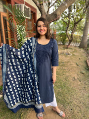 Blue embroidered kurta with Chanderi duppata