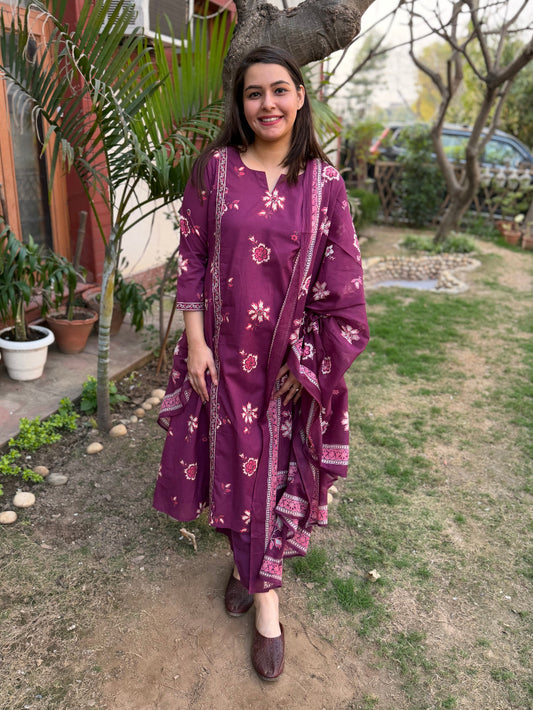 Wine Geometric Buti Full Suit Set by Sanskritam