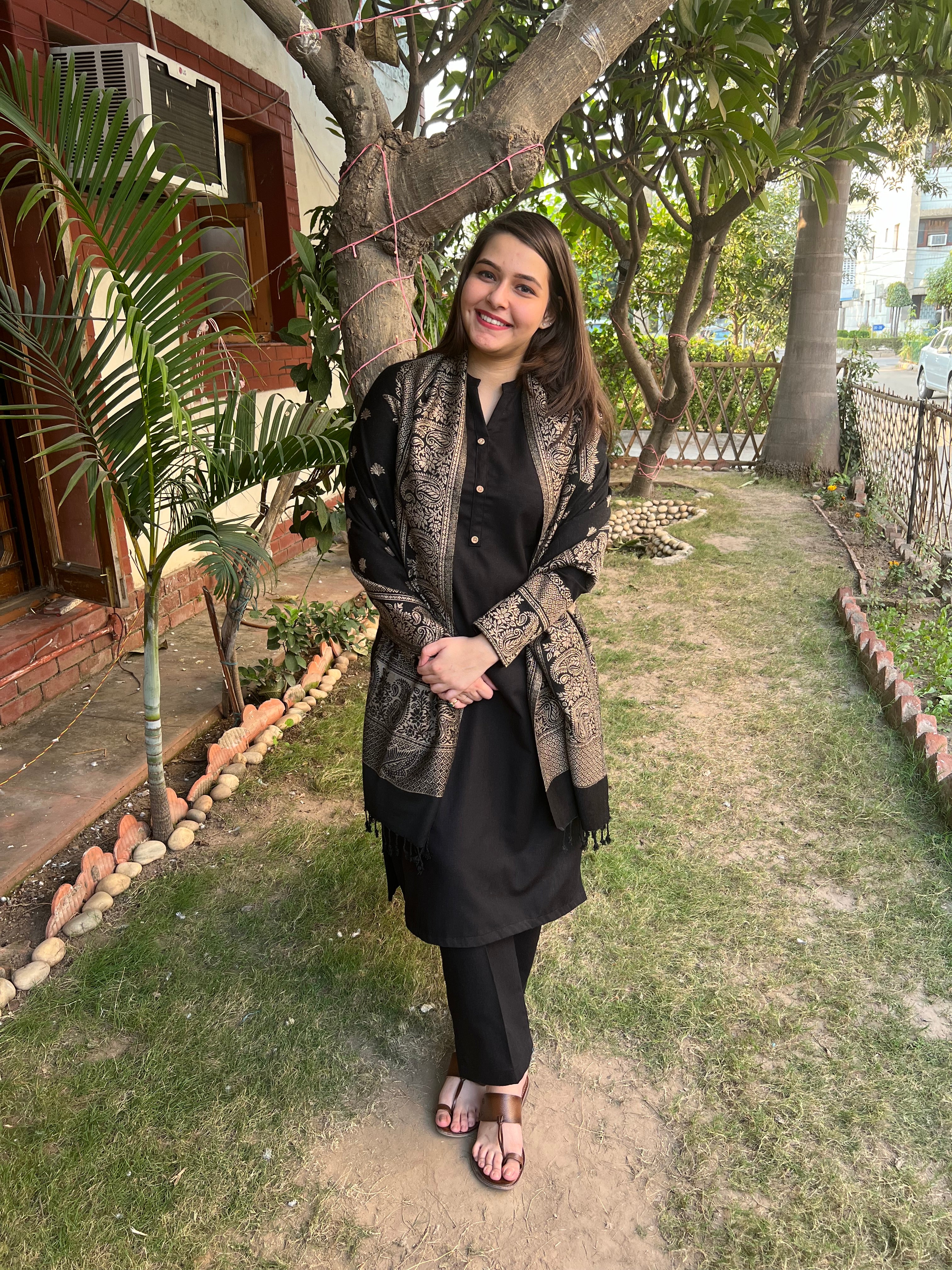 Black Woollen suit set with Shawl - MYSANSKRITAM