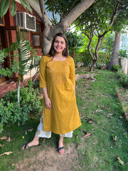 Mustard Thread embroidered kurta - MYSANSKRITAM