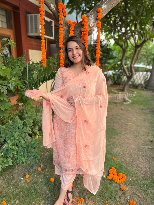 Peach Organza embroidered full suit set