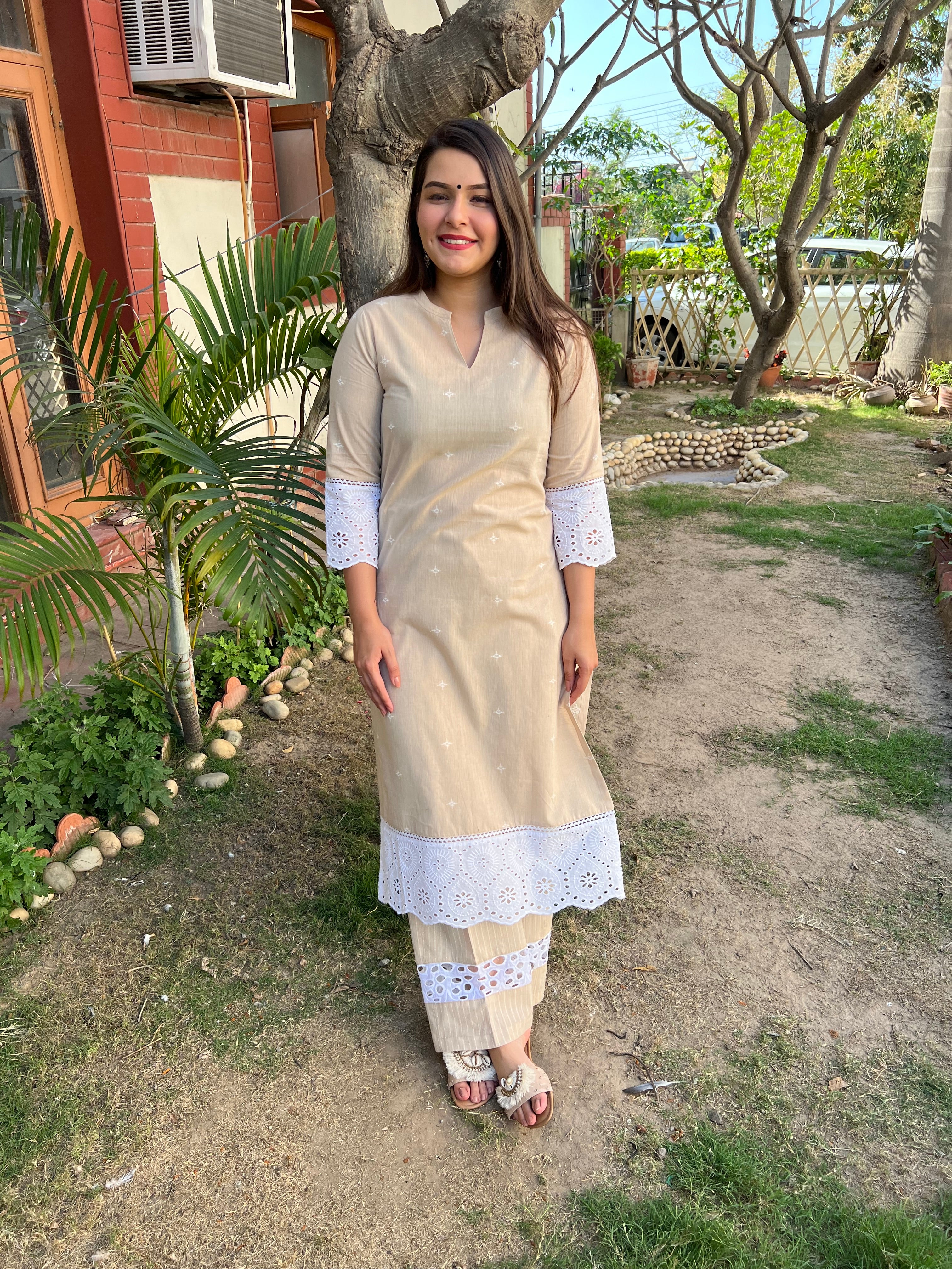 Beige Chikan Lace Kurta - MYSANSKRITAM