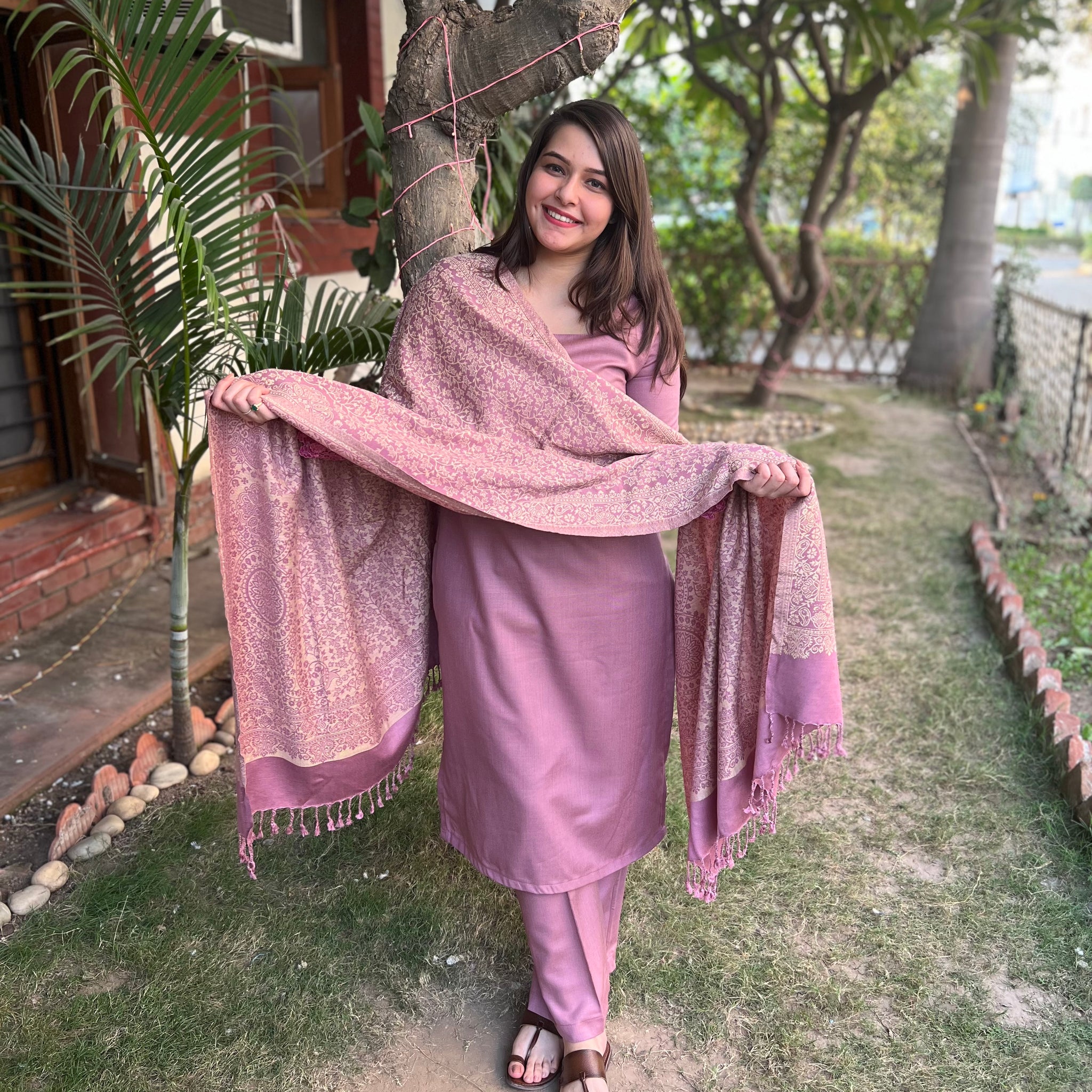 Onion Pink Woollen suit set with Shawl - MYSANSKRITAM