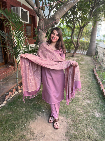 Onion Pink Woollen suit set with Shawl - MYSANSKRITAM