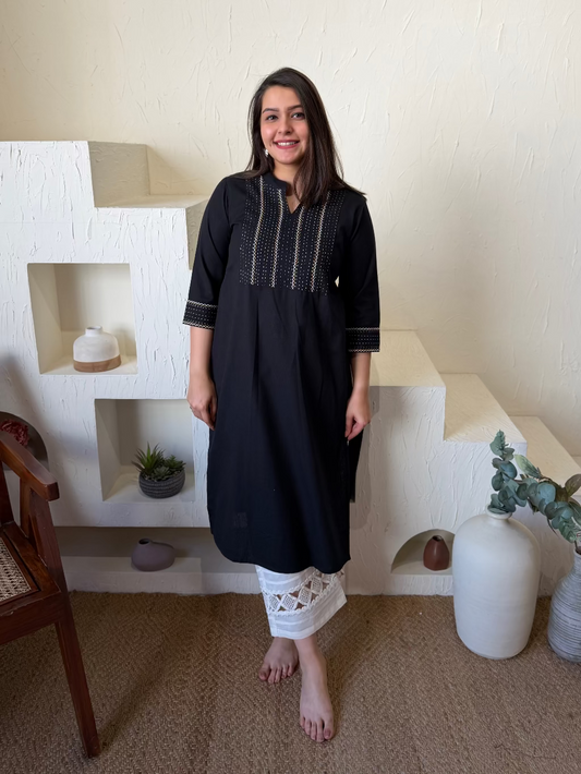 Black Kantha Embroidered Yoke Kurta by MySanskritam