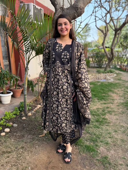 Black Yoke A-line Full Suit Set by Sanskritam