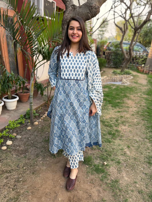 Blue Buti White A-line Full Suit Set by MySanskritam
