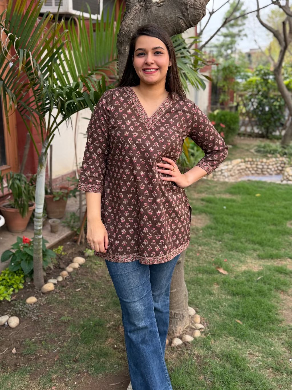 Brown Choti Buti Short Kurti by Sanskritam
