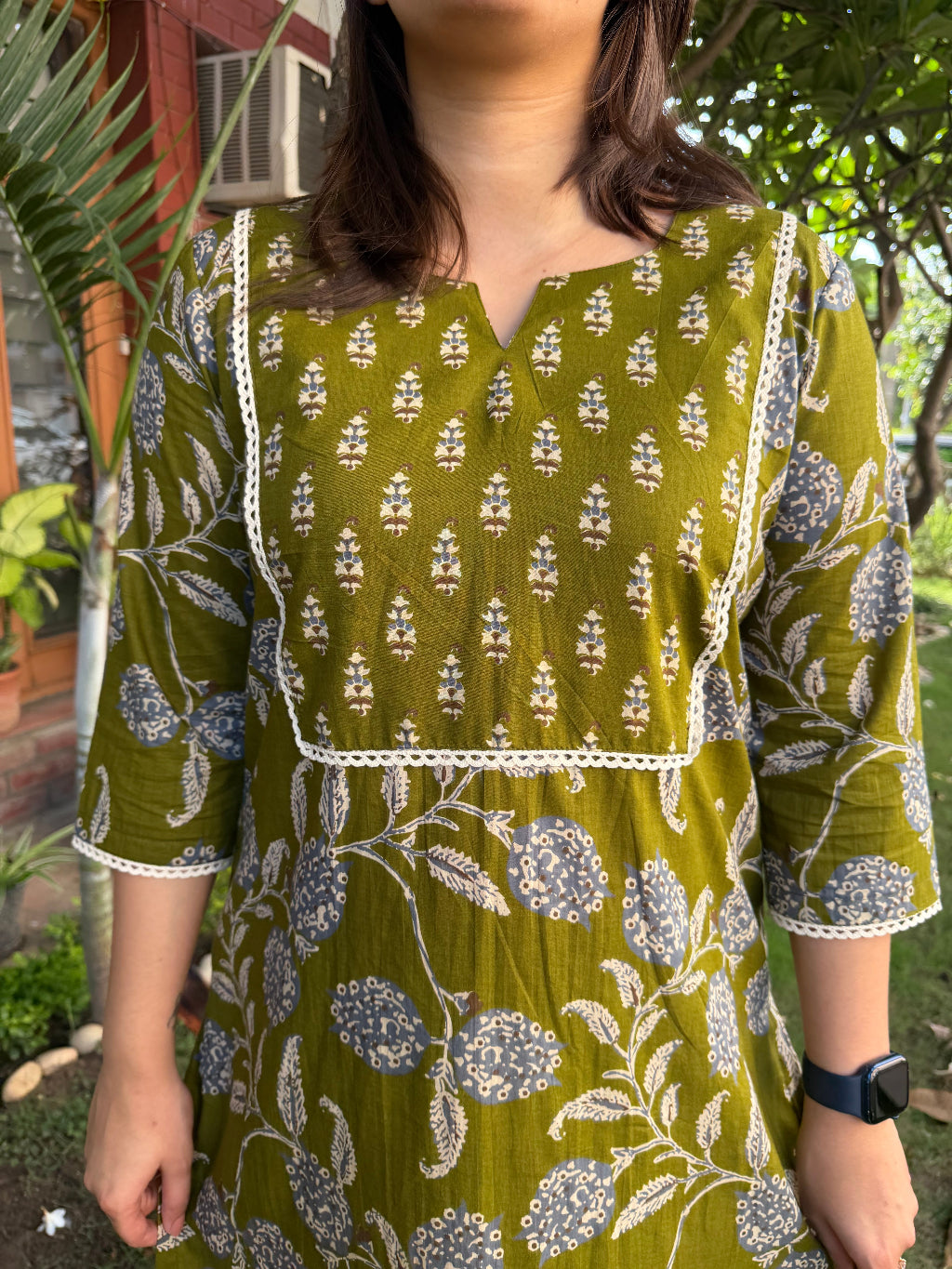 Mehendi Green Yoke Kurta neck design by Sanskritam