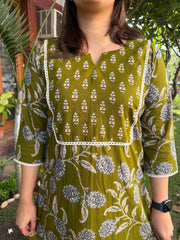 Mehendi Green Yoke Kurta neck design by Sanskritam
