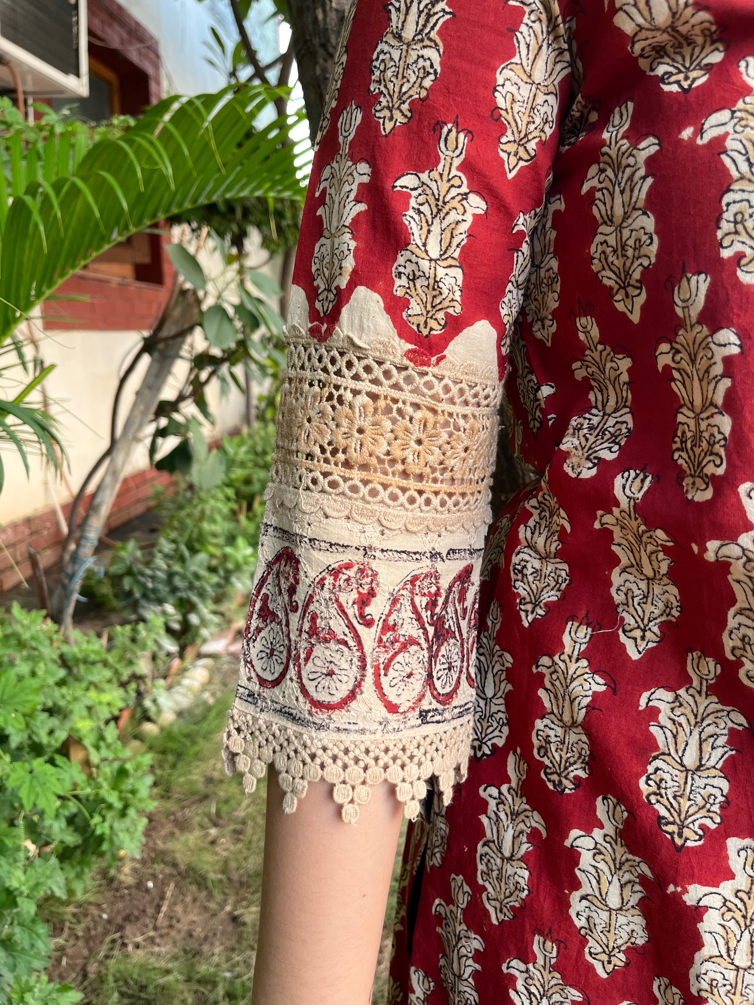 Maroon Bagru lacework kurta - MYSANSKRITAM