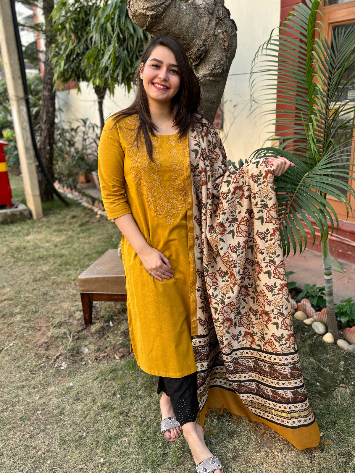 Mustard embroidered kurta with Chanderi Duppata