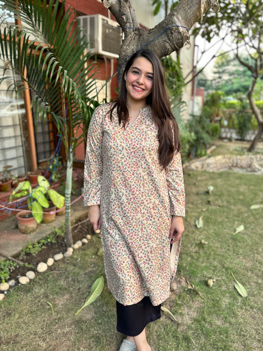 Cream Floral woollen Kurta