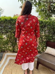 Sanganeri red floral yoke kurta