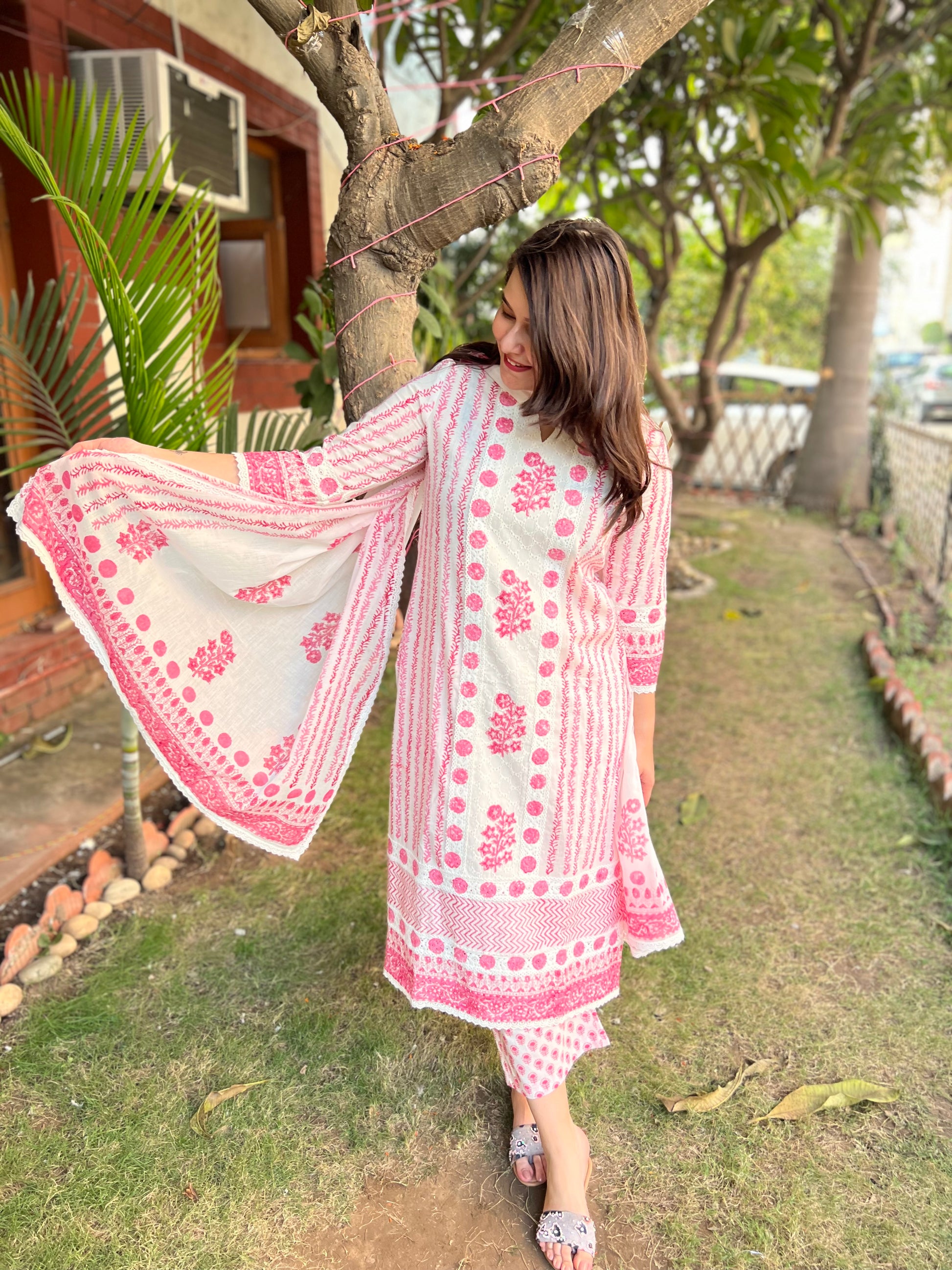 Pink Chikan Handblock printed full suit set - MYSANSKRITAM