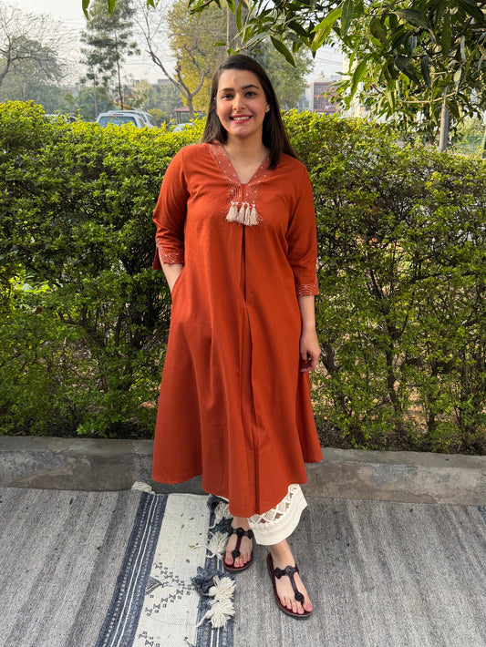 Rust Bloom Tassel A-line Kurta by Sanskritam