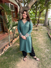 Sea Green border woollen kurta