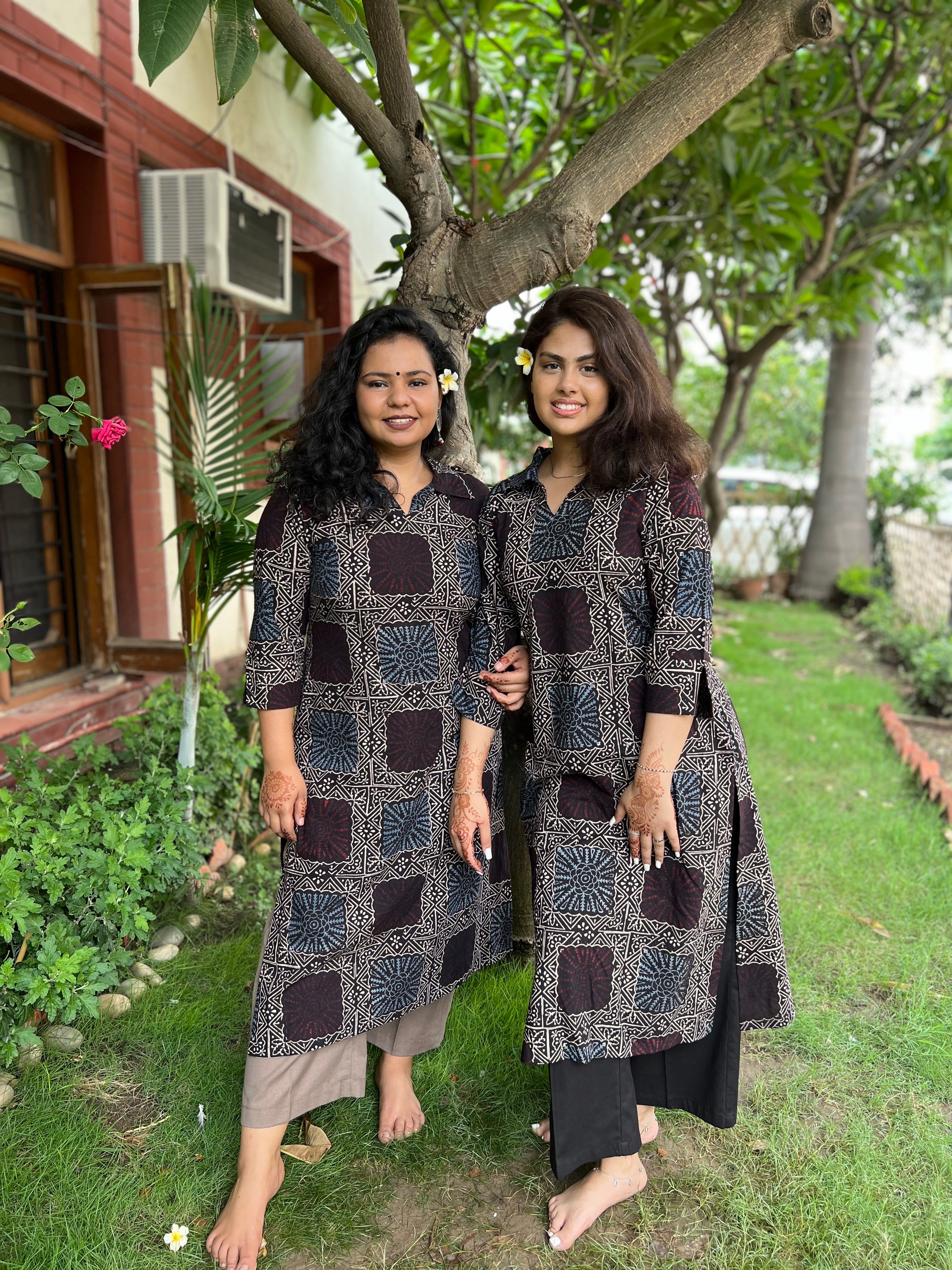 Ajrakh square handblock printed collar kurta - MYSANSKRITAM