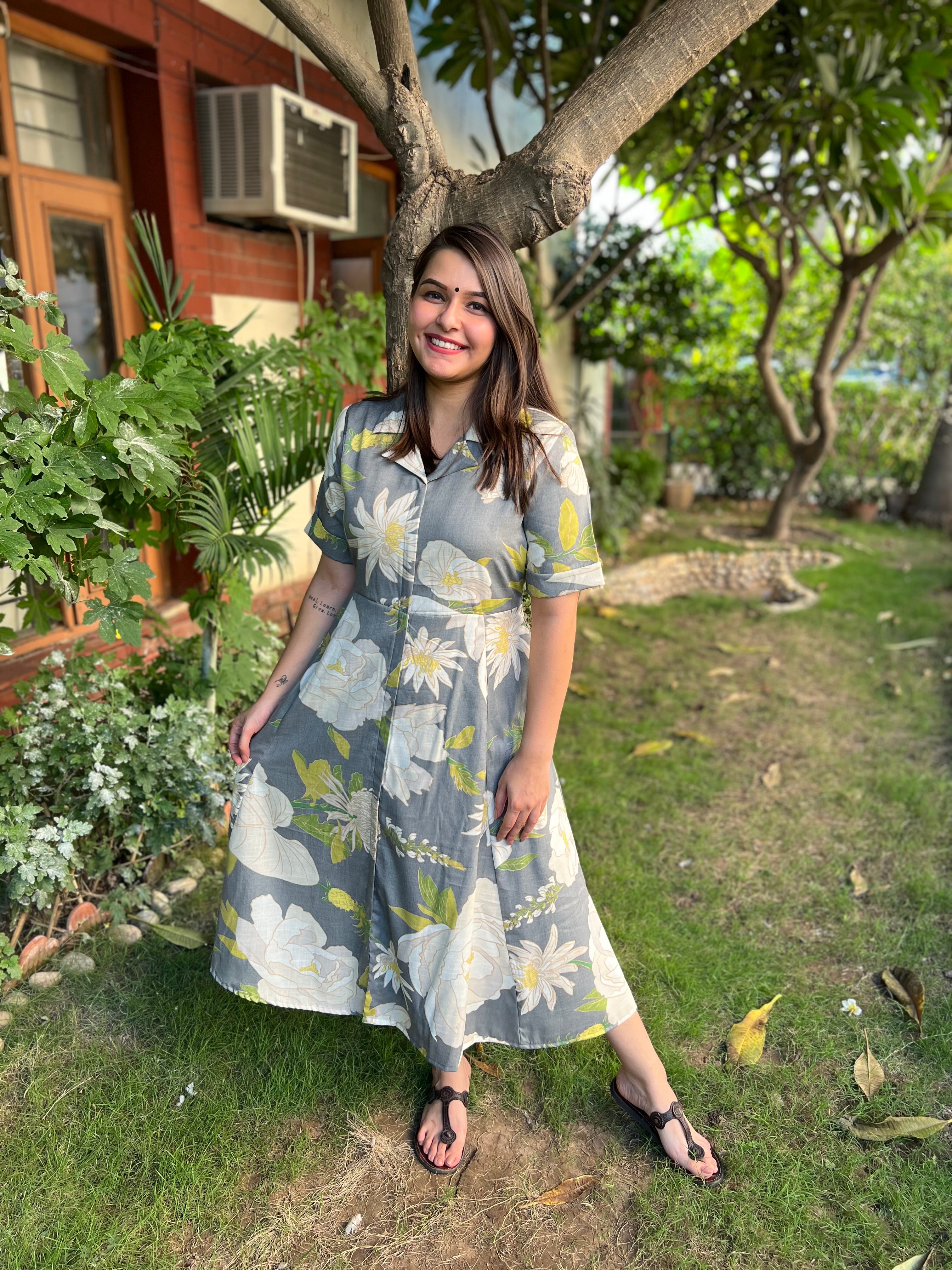 Grey Floral dress with collar - MYSANSKRITAM