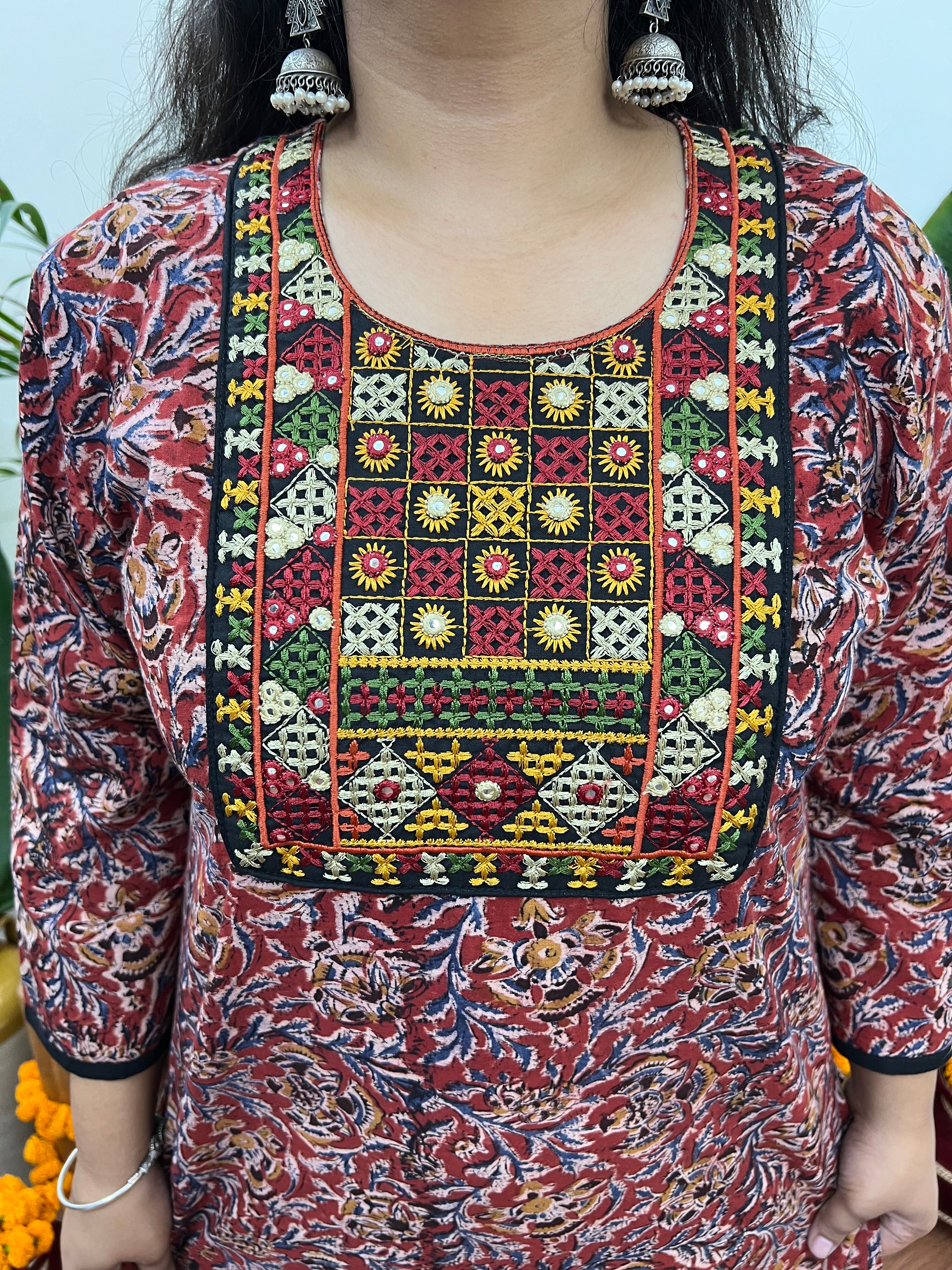 Kalamkari kurta with embroidered yoke - MYSANSKRITAM