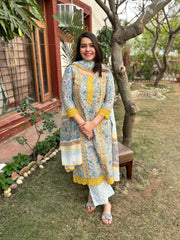 Mustard lace Handblock printed full suit set