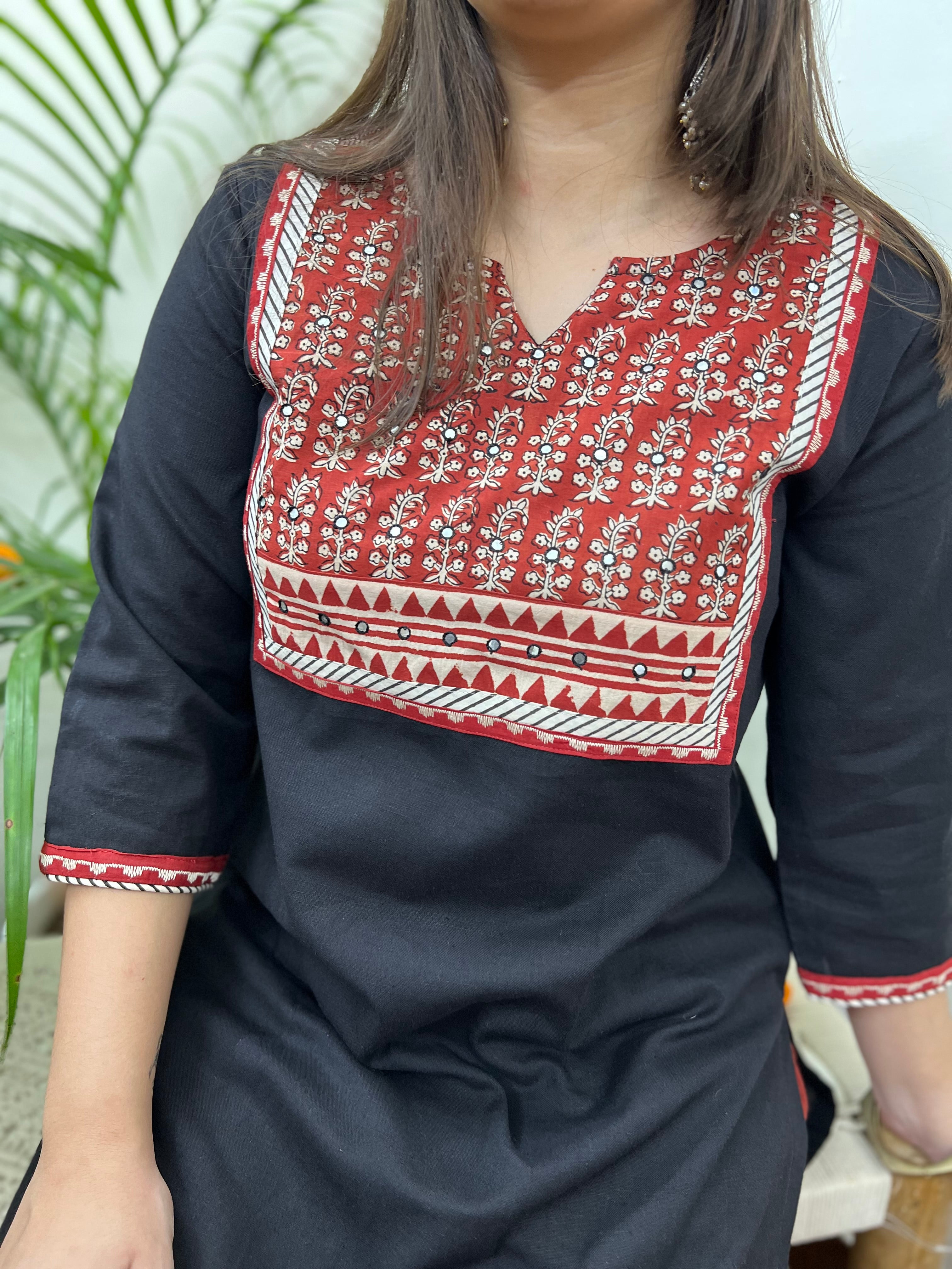 Black embroidered yoke Long kurta - MYSANSKRITAM