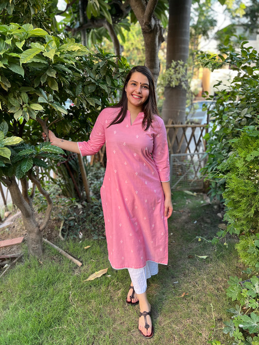 Pink basic malai cotton kurta - MYSANSKRITAM