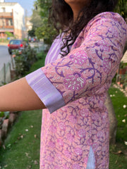 Lavender Handblock ikkat Yoke kurta