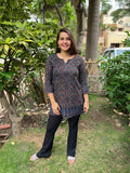 Indigo Geometric ajrakh border kurti - MYSANSKRITAM