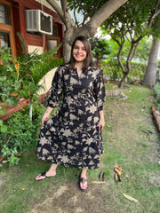 Black Floral dress with pockets - MYSANSKRITAM