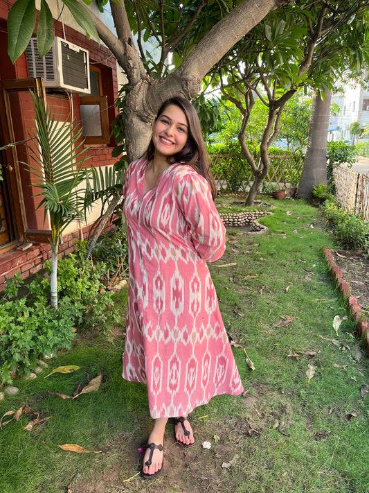 Peach Ikkat Dress (with pocket) - MYSANSKRITAM