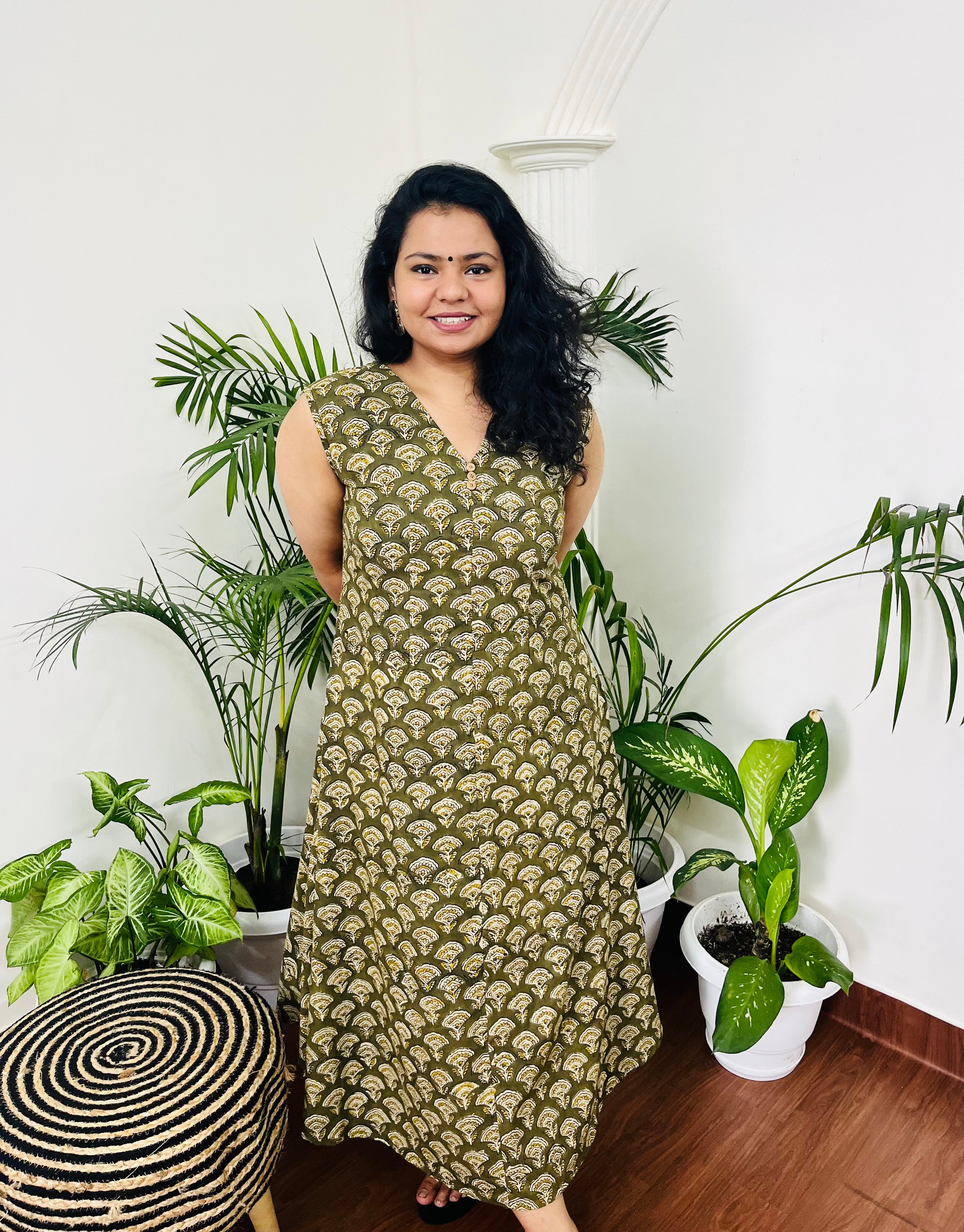 Mehendi green Handblock dress with pocket - MYSANSKRITAM