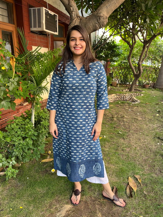 Indigo Buti kurta with Chikan border - MYSANSKRITAM