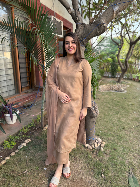 Soft brown embroidered woollen suit set