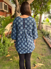 Indigo Geometric gather kurti - MYSANSKRITAM