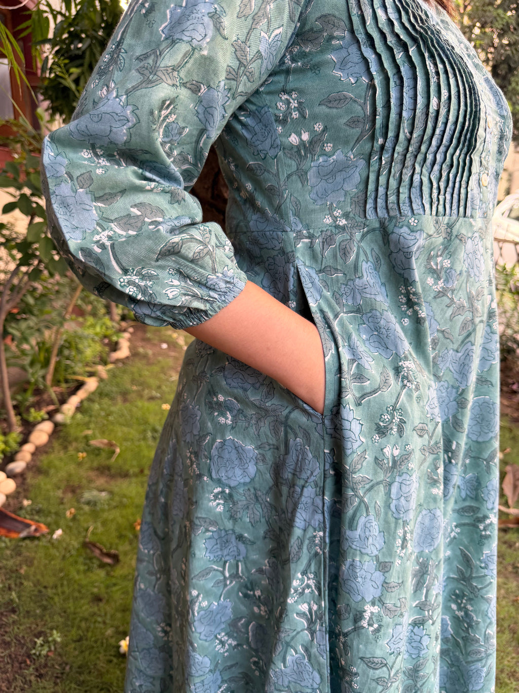 Teal Green Floral Pintucks A-line Kurta's side pocket by MySanskritam