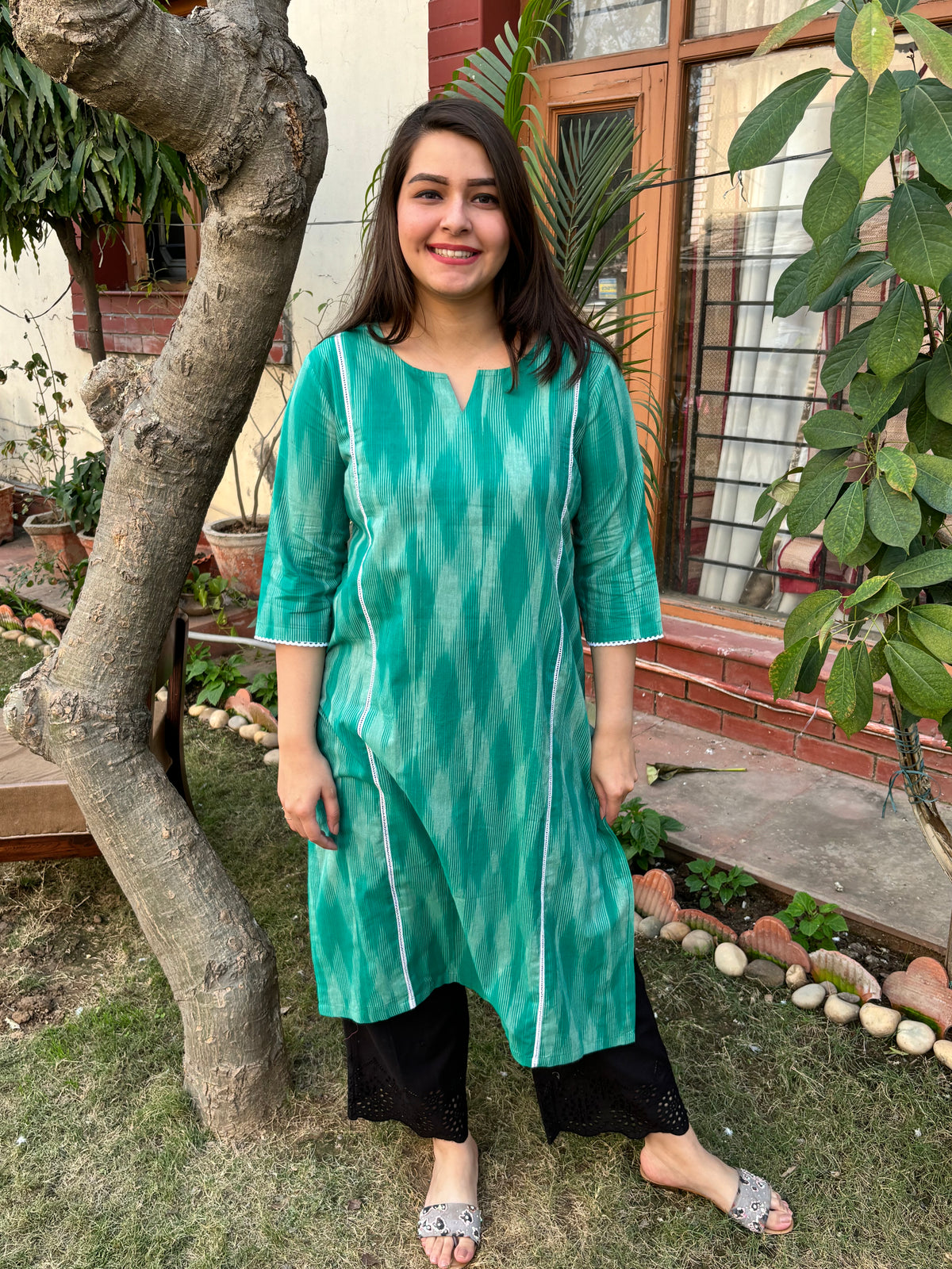 Sea green ikkat Kali kurta