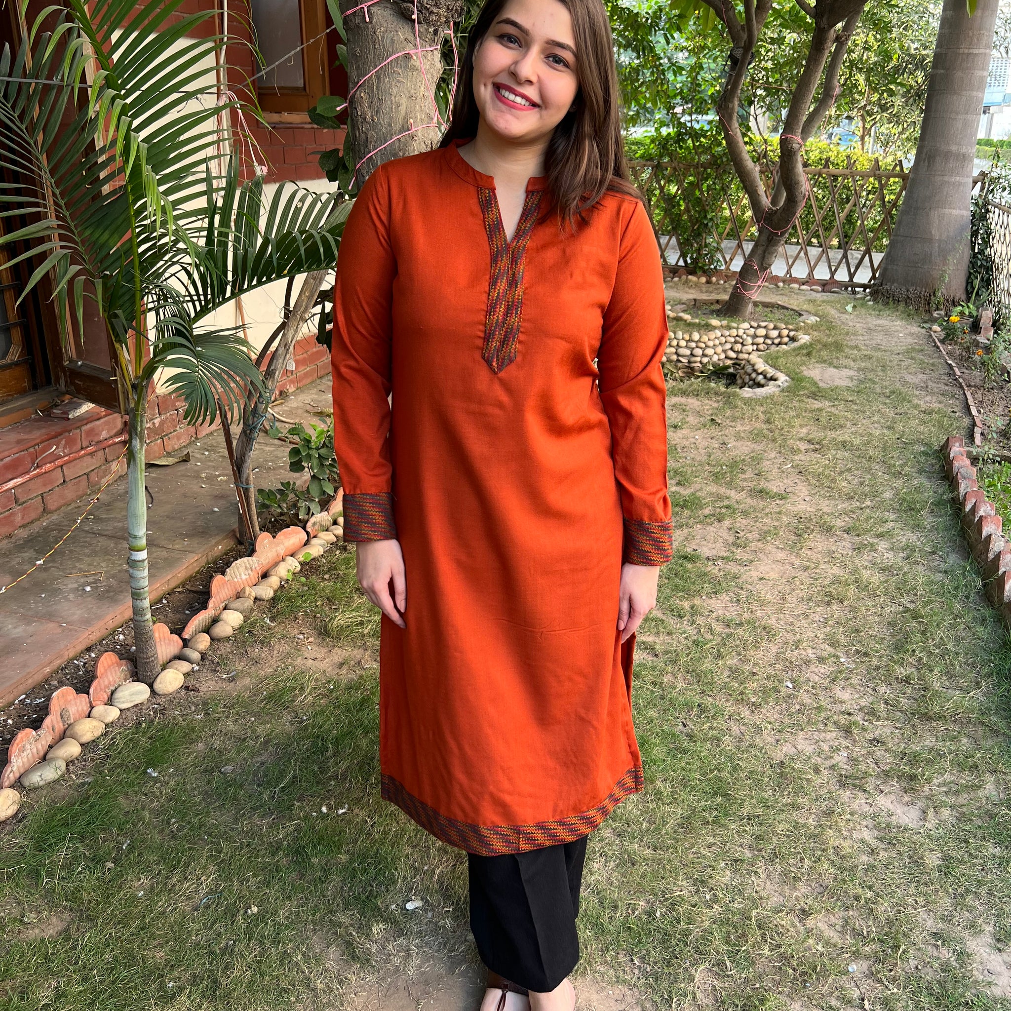 Rust woollen Border kurta - MYSANSKRITAM