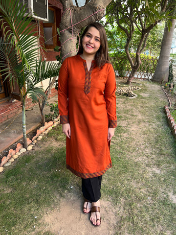 Rust woollen Border kurta - MYSANSKRITAM