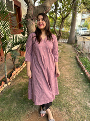 Onion pink embroidered A-line kurta with pockets.