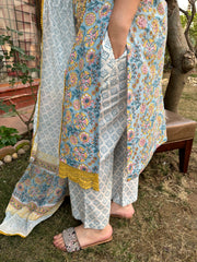 Mustard lace Handblock printed full suit set