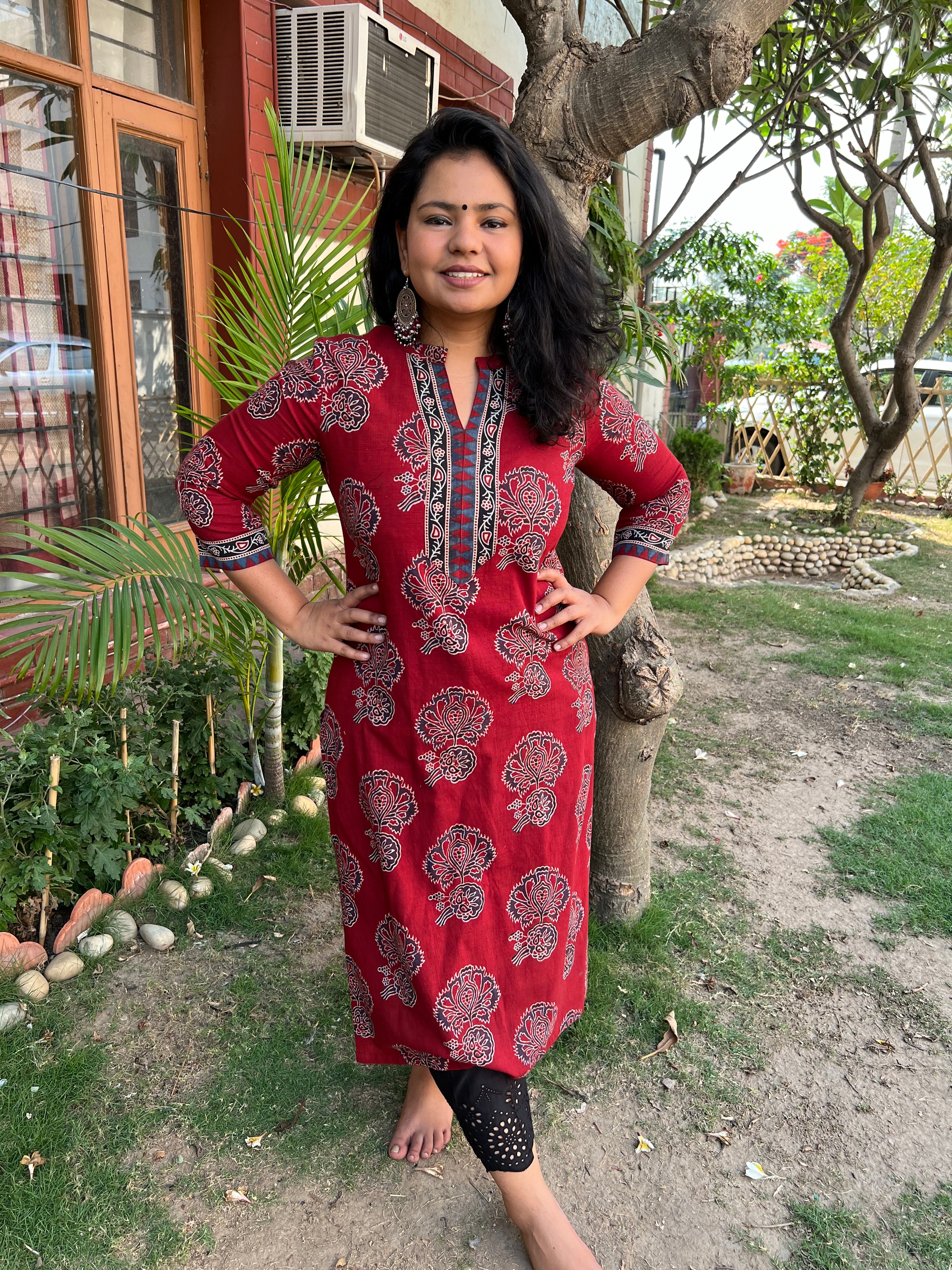 Maroon Ajrakh Flower bunch kurta - MYSANSKRITAM